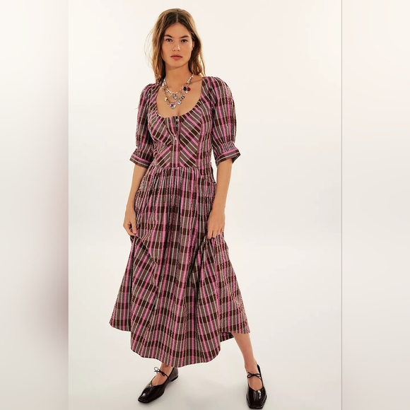 Free People Tulie plaid pink brown cotton midi dress size L - Picture 1 of 2